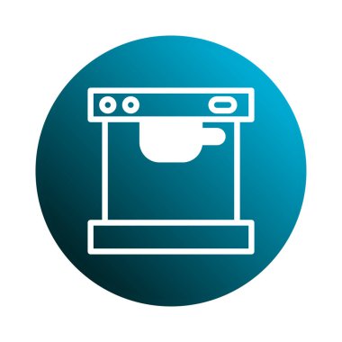 Beyaz bir siluet simgesi mavi bir gradyan çember üzerinde bir kahve makinesini gösteriyor. Bir kahve dükkanı, modern mutfak ya da ürün reklamı sembolü..