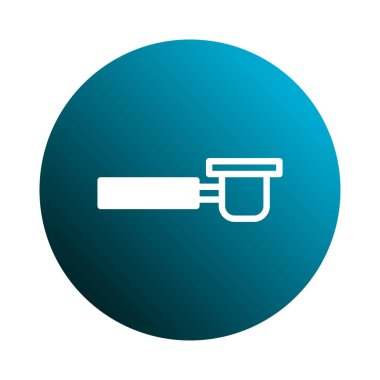 Bu resim, mavi dairesel arkaplan merkezli minimalist beyaz bir portafilter ikonuna sahiptir. Bu tasarım basitlik ve modernliği iletir.