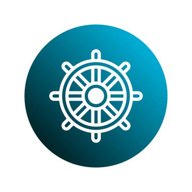 Mavi bir eğim çemberine karşı kurulmuş bir geminin tekerleğinin basit ve temiz bir çizimi. Deniz yolculuğu, seyrüsefer ve keşif temalarını iletir..