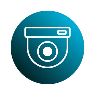 Gradyan mavi arka planda bembeyaz dizayn edilmiş modern bir güvenlik kamerasının çizimi. Gözetim ve güvenlik teknolojisini temsil ediyor..