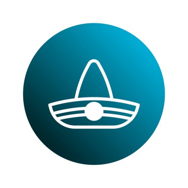 Bir sombrero ikonunun minimalist tasarımı, beyazla sunuluyor, mavi eğimli bir çember arka planına karşı. Meksika teması, kültür veya festival etkinlikleri için ideal.