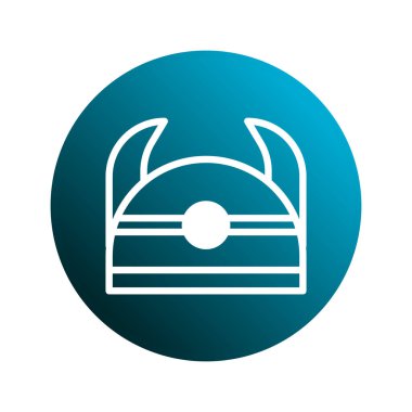 Bir Viking miğferi çizimi, boynuzları ile tamamlanmış, canlı mavi bir gradyan dairesel arka plan üzerine kurulmuş. İskandinav tema ve tasarımları için ideal.