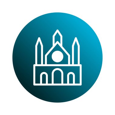 Dini temalar, mimari temsiller veya uygulama tasarım projeleri için ideal, gradyan mavi bir çemberin üzerindeki stilize kilise ikonu. İnancın ve yapının özünü gösteriyor..