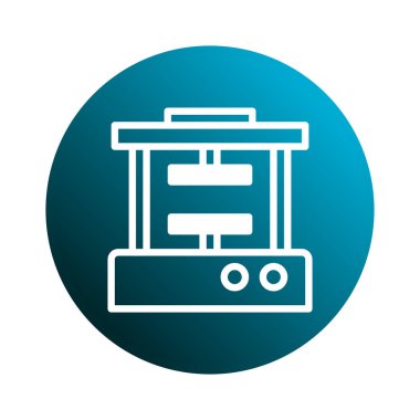 Bu resim, görsel olarak çekici bir mavi çember gradyan arkaplan karşısında bir 3D yazıcının modern ana hatlı simgesini gösterir. Üretimdeki teknolojik gelişmeleri temsil ediyor.