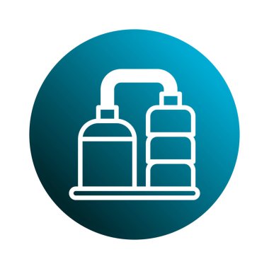 Mavi bir gradyan çembere karşı endüstriyel bir işleme tesisi sembolü içeren modern ikon tasarımı. Teknoloji, mühendislik ve üretim maharetini temsil ediyor..