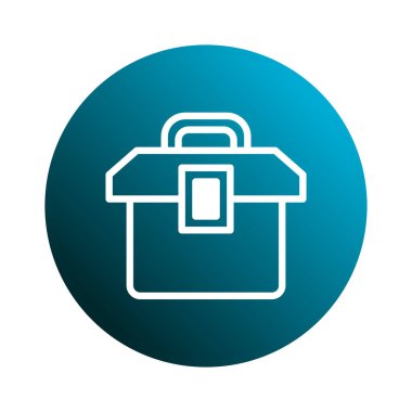 Basit araç kutusu simgesi, gradyan mavi dairesel arkaplana karşı beyaz çizgi çizimi olarak gösterilir, araçları, inşaatı ve donanım bakımını biçim ile sembolize eder.