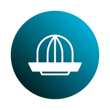 Bir narenciye sıkacağının minimalist beyaz ikonu eğimli bir mavi daireye karşı kurulur. Resimler veya grafik projeleri için basit, temiz bir tasarım.