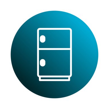 Beyaz çizgi sanat buzdolabı ikonu mavi daire arka planda, ev aletleri ve modern mutfak tasarımı tasarımı.