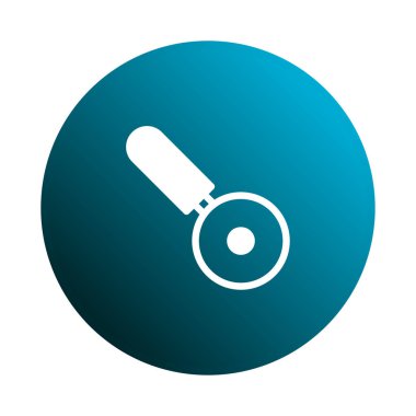 Bu resim, beyaz pizza kesicisi resimli bir deniz mavisi dairesi içeriyor. Grafik tasarım ögesi veya simgesi olarak kullanmak için uygundur.