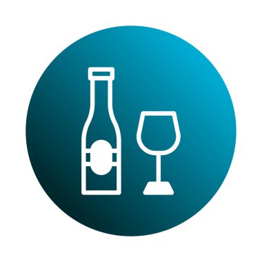 Bir şarap şişesi ve cam ikonun gradyan mavi daireye karşı temiz ve minimalist bir çizimi. Modern bir logo ya da grafik ögesi için mükemmel.