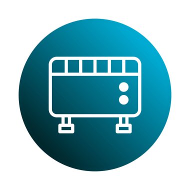 Modern bir evde ısıtma ve sıcaklık kontrolünü temsil eden bir radyatörün basit bir simgesi. Beyaz siluet mavi bir daireye karşı duruyor..