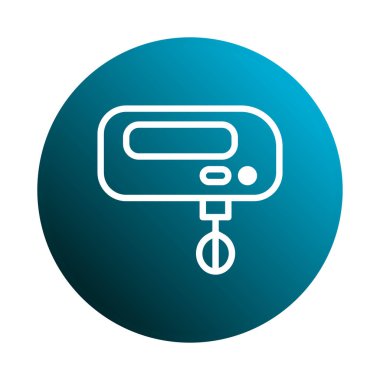 Temiz, minimalist bir illüstrasyonda, eğimli bir deniz mavisi çemberine karşı beyaz hatlı elektrikli bir el mikseri sergileniyor. Yemek pişirme veya pişirme temaları için ideal.