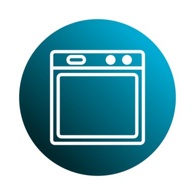 Mavi gradyan dairedeki fırının minimalist bir simgesi. Mutfak ve yemek tasarımları için harika. Yemek pişirmek için fırın aletinin bir çizimi..