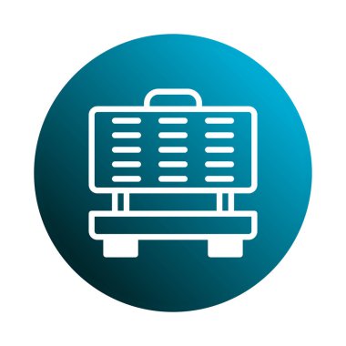 Bu bir sunucu rafının minimalist bir simgesidir, çeşitli teknolojik ve dijital bağlamlar için uygundur, dairesel mavi gradyan arkaplan üzerinde sunulur..