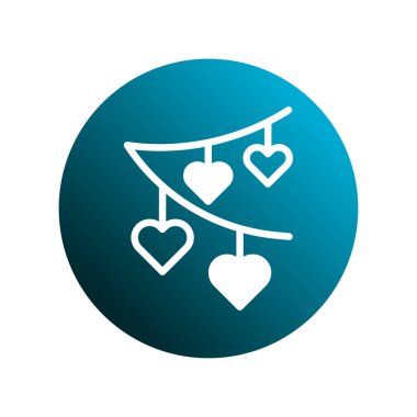 Bir minimalist illüstrasyon, romantik temalar için ideal, yatıştırıcı mavi bir gradyan çemberin karşısında eğimli bir çizgide asılı beyaz kalp süslemeleri gösterir..