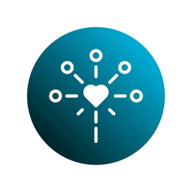 Soyut bir illüstrasyon, dışa doğru yayılan, çizgilerle çemberlere bağlı, mavi bir gradyan arkaplan üzerine kurulmuş, bağlantıyı, iletişimi ve ilişkileri temsil eden bir kalp tasvir eder..