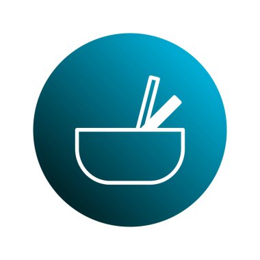 Minimalist bir illüstrasyonda, içinde yemek çubukları olan bir kasenin dairesel mavi eğimli arka planına dayanan beyaz bir taslağı yer alır. Asya mutfağını ya da yemeğini temsil ediyor..