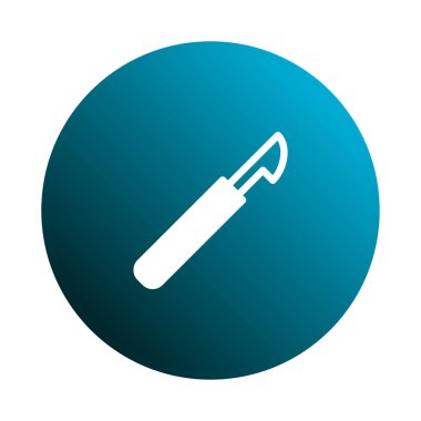 Beyaz bir neşter simgesi mavi dairesel bir arkaplanda sergileniyor. Bu grafik sağlık hizmetleri temaları için uygun tıbbi araçları ve cerrahi prosedürleri temsil ediyor.