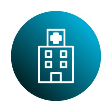 Bir hastane binasının minimalist simgesi, beyaz çizgili, yuvarlak mavi gradyan arka planda, sağlık hizmetlerini sembolize ediyor..