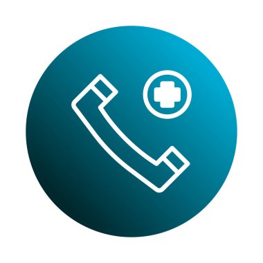 Acil durumlarda sağlık destek ve yardım hizmetlerini temsil eden mavi bir kürenin üzerinde beyaz bir tıbbi yardım çağrısı simgesi gösterilir.