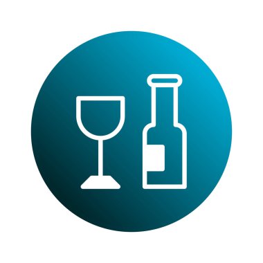 Şarap kadehi ve şişesi olan basit ve zarif bir ikon gradyan mavi yuvarlak arka planda, içecekleri veya kutlamaları temsil etmek için mükemmel..