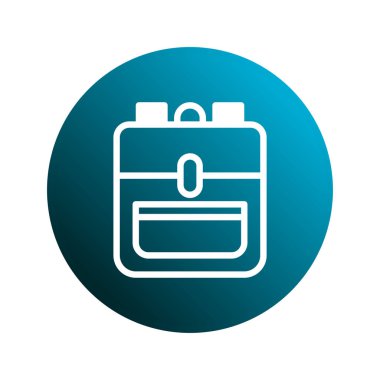 Bir sırt çantasının minimalist çizgi simgesi mavi bir gradyan çembere karşı, seyahat, eğitim ve macera duygusunu simgeliyor, basit ve modern.