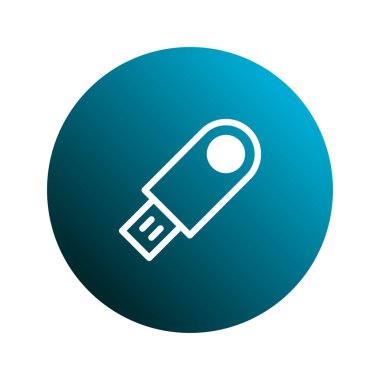 Mavi gradyan arkaplana karşı bir USB flaş belleğin temiz, minimalist simgesi, veri depolamayı ve dijital yeniliği sembolize ediyor.