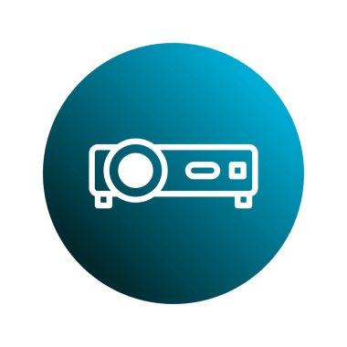 Bir projektörün temiz, vektör simgesi beyazla gösterilmiş, mavi bir arkaplan üzerinde. Simge basit ve modern, sunumlar için uygun.