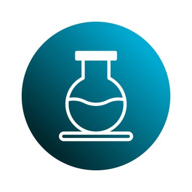 Mavi daire içindeki bir laboratuvar şişesinin minimalist, soyut bir çizimi. Bilim, kimya, araştırma ve deneyleri sembolize eder.