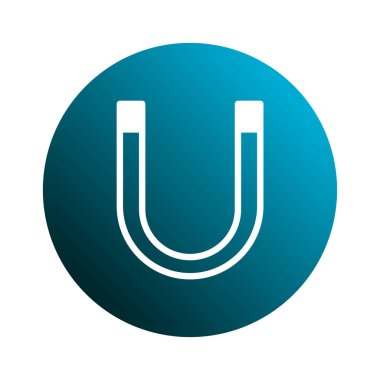 Beyaz bir at nalı mıknatısı eğimli bir mavi daireye göre ayarlanır. Bu simge çekim, manyetik kuvvet ve bilimsel kavramları simgeler..