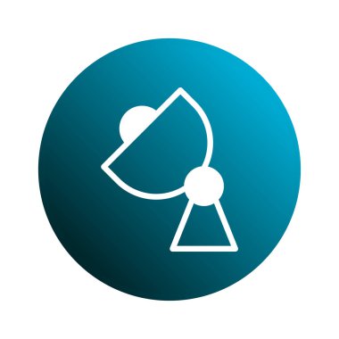 Bir uydu anten ikonu içeren temiz, minimalist bir vektör görüntüsü. Dizayn, iletişimi ve teknolojiyi sembolize eden eğimli bir gök mavisi çemberine karşı kurulmuş..