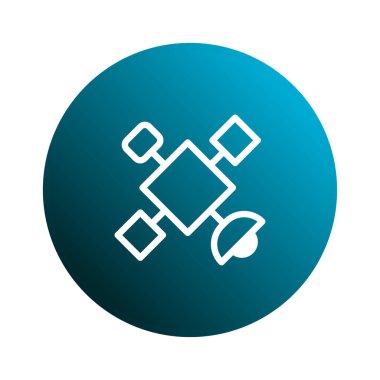 Beyaz çizgilerle çizilmiş bir uydu ikonu eğimli bir deniz mavisi küresi üzerine kuruludur. Modern iletişim teknolojisi ve küresel bağlantıyı temsil ediyor. Basit tasarımı, gelişmişlik ve yenilik taşır..