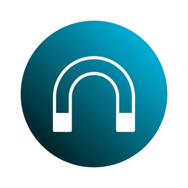 Beyaz mıknatıs ikonunun, mavi bir gradyan çemberin merkezindeki temiz ve modern bir çizimi. Eğitimsel ya da teknolojik tasarımlar için harika.