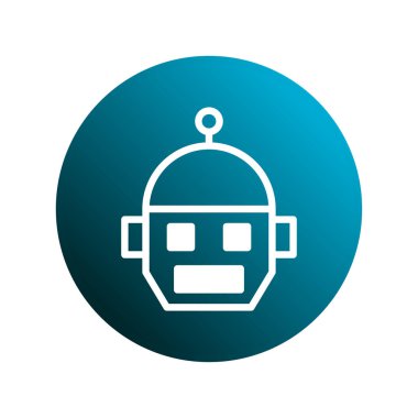 Gradyan mavi daire içinde, teknolojiyi, yapay zekayı ve gelecekten gelen kavramları sembolize eden minimalist bir robot baş simgesi..
