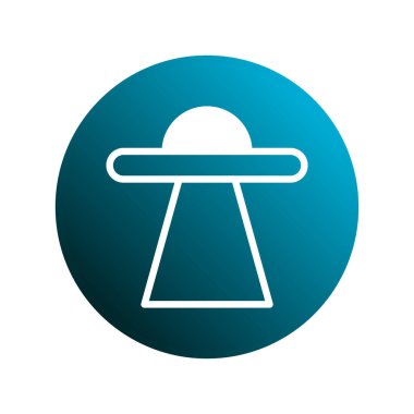 Bir UFO ya da uzay gemisinin minimalist vektör tasarımı gradyan mavi arkaplan karşısında, bilim-kurgu ve teknoloji temaları için mükemmel.