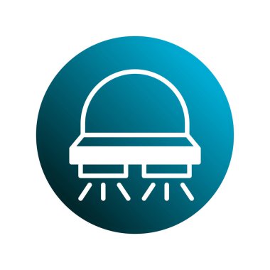 Kuafördeki modern bir saç kurutma makinesinin minimalist bir simgesi, güzellik ve stil hizmetlerini sembolize ediyor, mavi bir gradyan daire arka planına karşı kurulmuş..