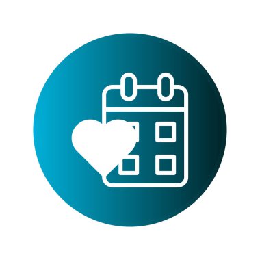 Minimalist vektör illüstrasyonunda beyaz bir kalp ve takvim simgesi, eğimli bir mavi daireye karşıdır. Aşkı, romantizmi veya özel tarih ve olayları temsil etmek için ideal.