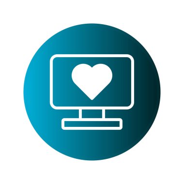 Mavi çember içindeki bir bilgisayar ekranında gösterilen bir kalbi gösteren sembolik bir çizim. Çevrimiçi aşkı, bağlantıyı veya dijital iletişimi temsil etmek.