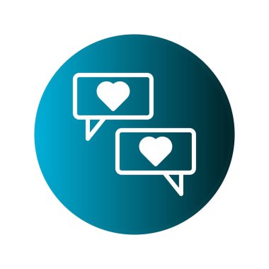 İçinde kalp sembolleri olan iki sohbet baloncuğu, mavi bir gradyan çemberde aşk mesajları ve çevrimiçi iletişimi temsil ediyor. Dijital şefkat ve bağlantı gösteriyor.