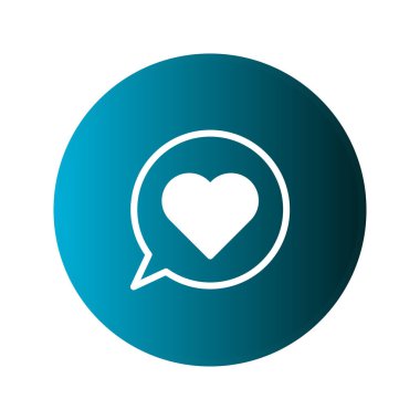 Konuşma baloncuğunun içinde beyaz bir kalbin yer aldığı bir ikon, gradyan mavi dairesel arkaplan üzerine kurulmuş. Aşkı, mesajları ve iletişimi temsil eder..