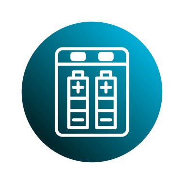 Icon, içinde iki batarya bulunan bir şarj aletini temsil ediyor. Mavi daireye karşı ayarlanmış. Güç, elektrik ve şarj ekipmanlarını gösteriyor.