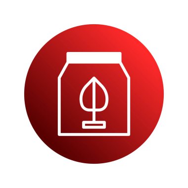 Bir minimalist ikon tasarımı ambalaj şeklindeki bir bitkiyi temsil ediyor, kırmızı bir gradyan çemberine karşı kurulmuş, çevre dostu ve sürdürülebilir ürünleri sembolize ediyor..