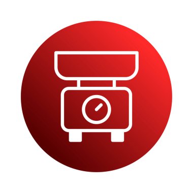 Bir minimalist beyaz mutfak ölçekli ikon kırmızı gradyan daire arka planında gösterilir. Bu ölçek, mutfak ürünleri veya tasarım projeleri için uygun gıda veya pişirmede ölçüm, ağırlık ve dengeyi sembolize eder..