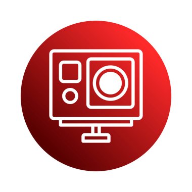 Bir aksiyon kamerası simgesinin minimalist beyaz çizgisi, fotoğraf ve maceracı temalar için ideal kırmızı dairesel bir zemin üzerine kuruludur..