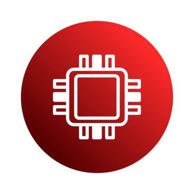 Bu resim kırmızı dairesel arkaplanda bir devre kartı çipi simgesi gösterir. Teknoloji, yenilik ve elektronik cihazların karmaşık bileşenlerini temsil eder..