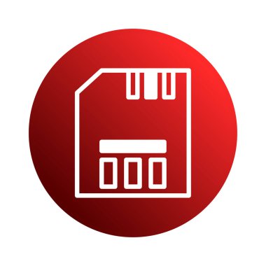Resim, dijital veri depolama ve teknolojik işlevselliği sembolize eden beyaz bir hafıza kartı ana hatlı kırmızı bir daireye sahip. Modern elektronik cihazlarda hafıza ve depolama kavramını temsil eder..