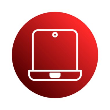 Beyaz hatlı minimalist bir dizüstü bilgisayar simgesi, modern teknoloji ve dijital bağlantıyı temsil eden canlı kırmızı çember gradyan arkaplanına karşıdır..