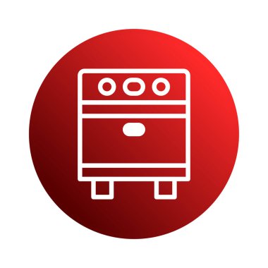 Bu resim bir fırının stilize edilmiş, minimalist bir illüstrasyonunu sunar. Tasarım, parlak kırmızı bir arka plana karşı basit bir beyaz anahat..