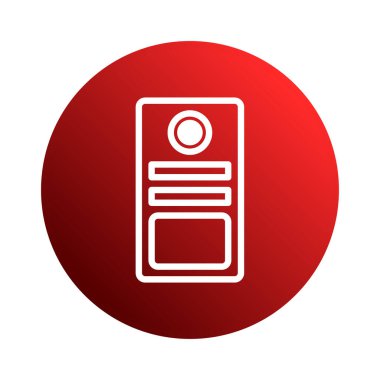 Beyaz sunucu rafı simgesinin bulunduğu kırmızı bir daire. Bu simge, modern tasarımda teknoloji, veri altyapısı ve bilgisayar ağını temsil etmektedir..