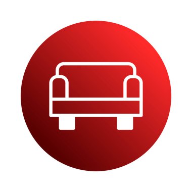 Beyaz kanepe ikonu kırmızı bir daire üzerine kuruludur, konforu, iç tasarımı ve minimalist tarzı ve zarafeti temsil eder..